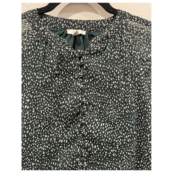 JOIE Green White Dots Long Sleeve Sheer Buttons Down Mini Dress - Picture 3 of 4